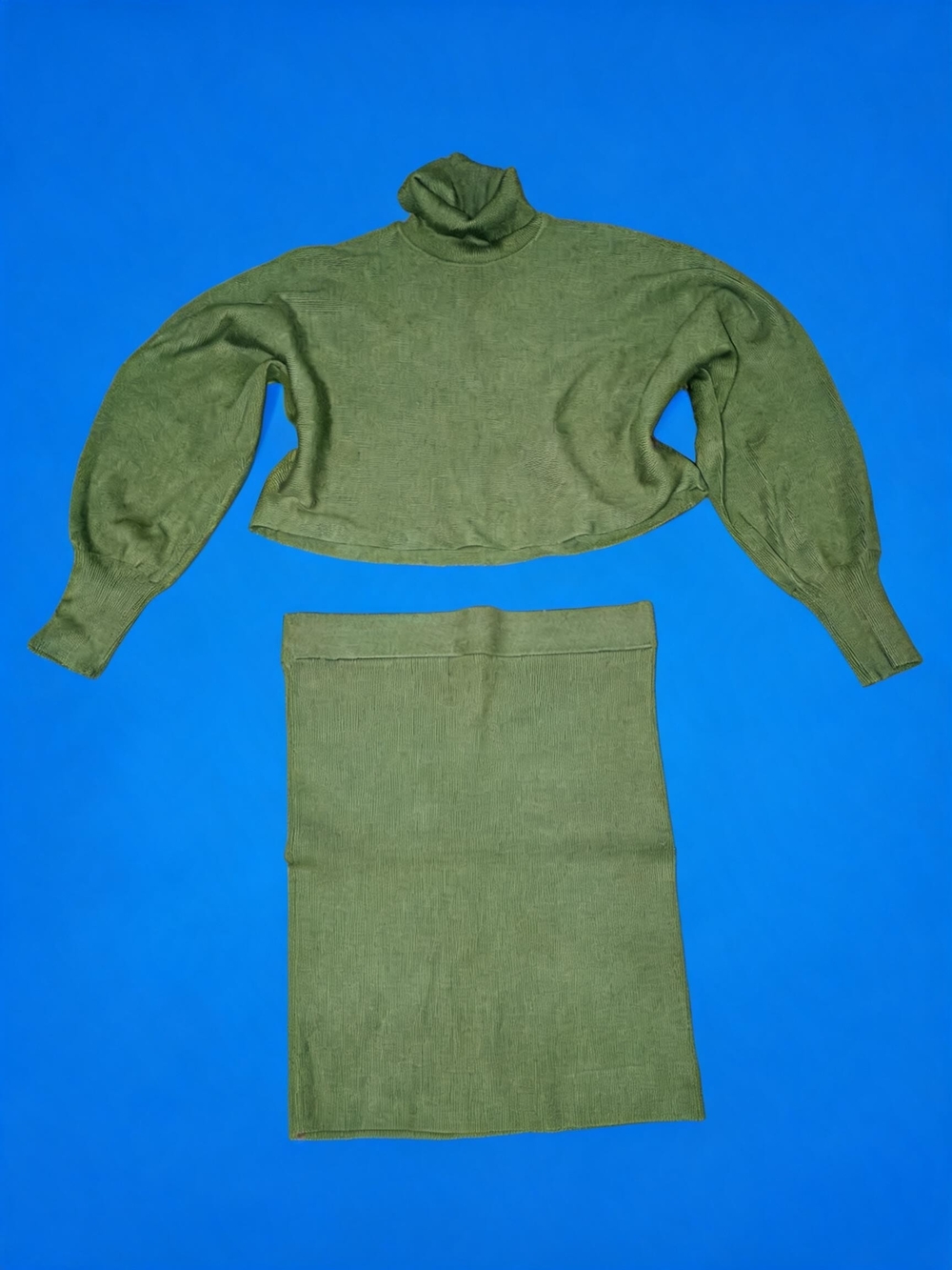 Olive Green Knit Two-Piece Set - Turtleneck Crop Top & Skirt